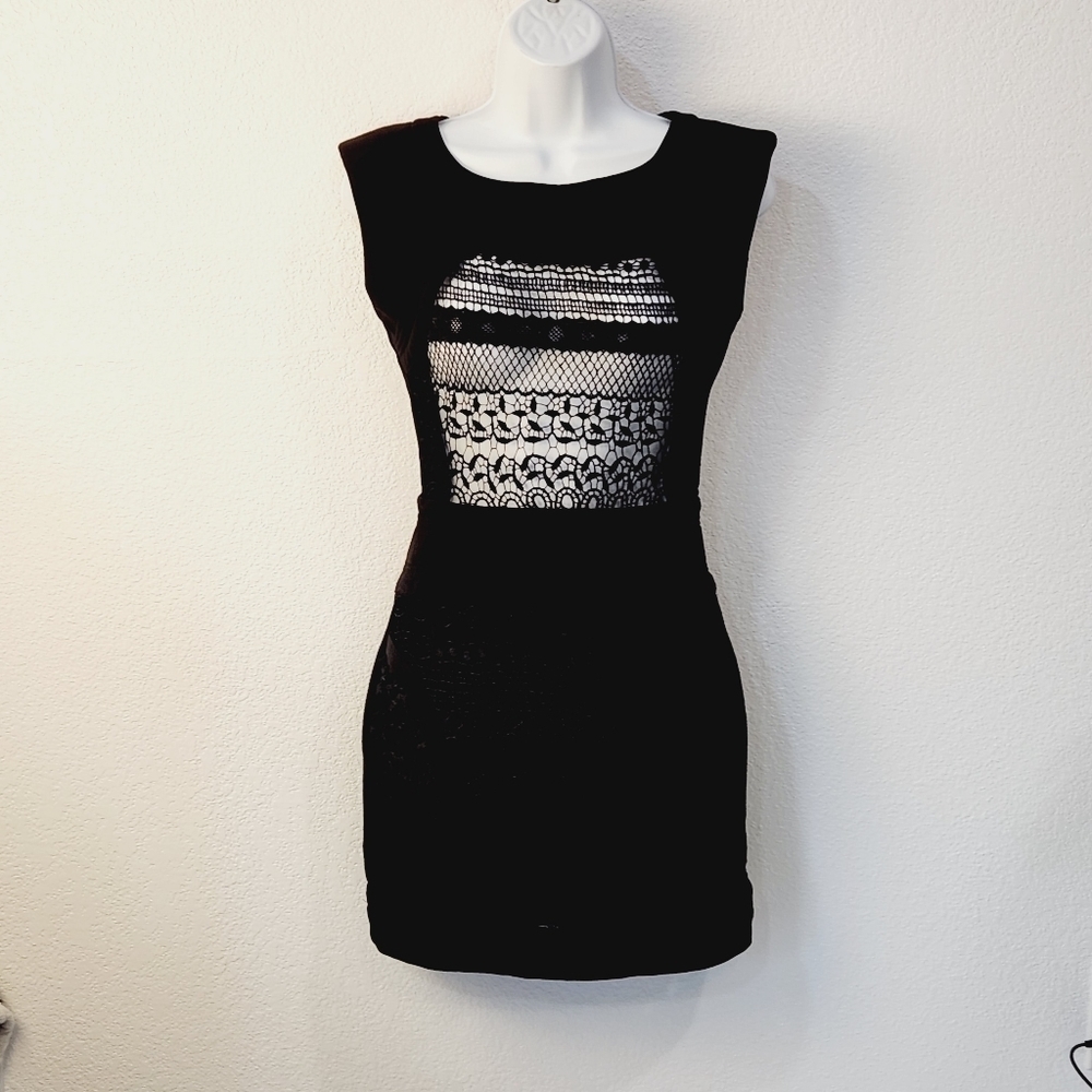 Lulumari Black See-through Front With Abstract Back Cut Out Mini Dress Size: S